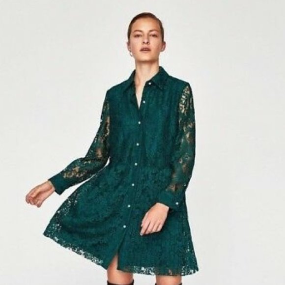 Zara Dresses & Skirts - NWT Zara Emerald Green Pearl Lace Dress Size XS